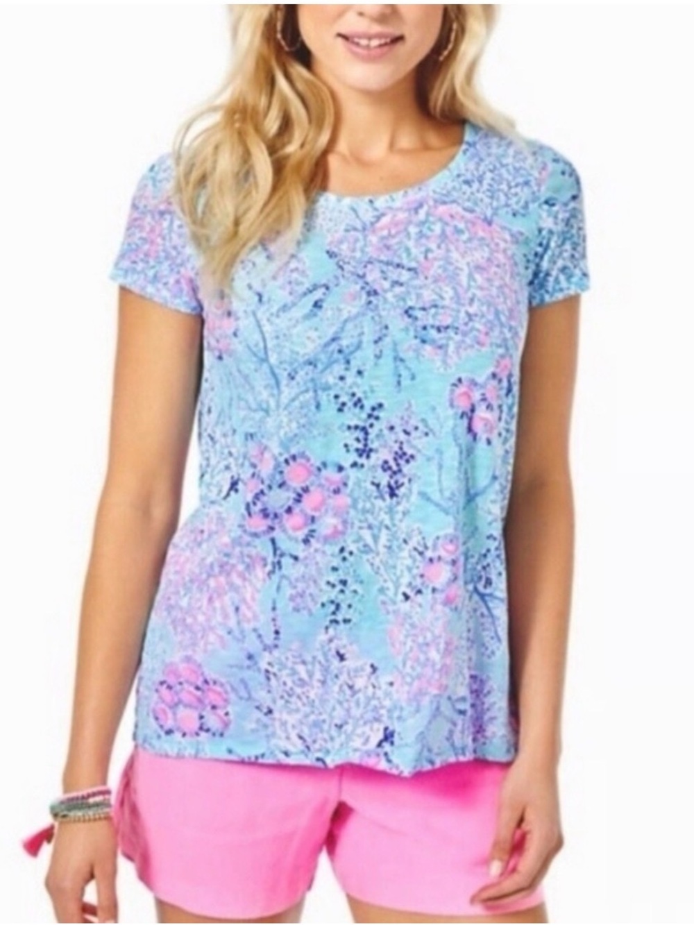 Lilly Pulitzer Aqua and Pink Floral Short Sleeve Tee in the Now You See Me Print